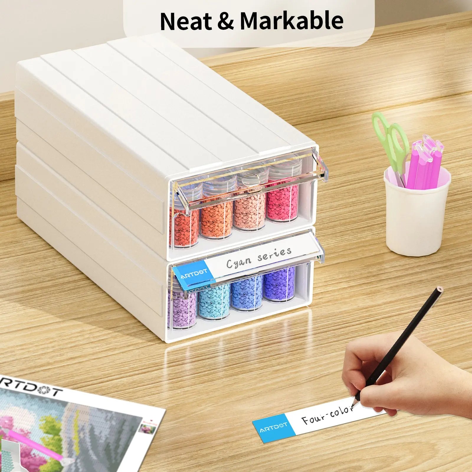 Diamond Painting Storage Stackable Bead Organizer Drawers, with 35 Slots  Rectangle Individual Containers, Silicone Funnel and Writable Stickers
